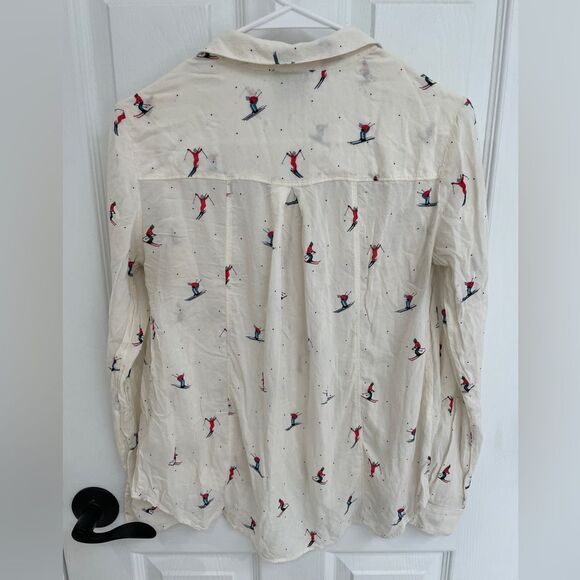 Maeve Anthropologie Skiers Pattern Off White Button Down Collared Shirt Size 0 - Picture 3 of 8